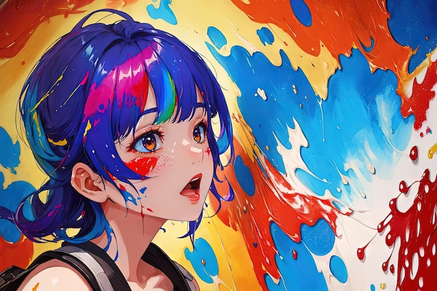 Anime manga girl in un arcobaleno di colori vortice illustrazione generativa ai