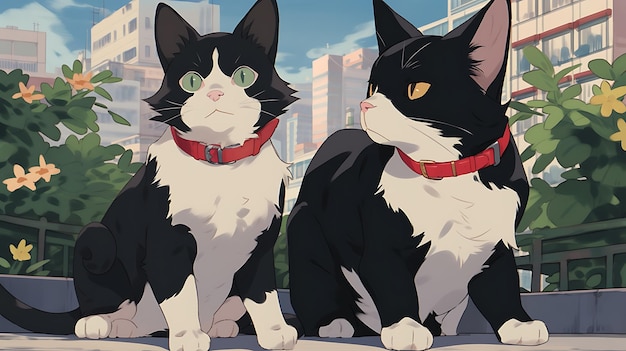 anime piccolo gatto e cane duo avventura con sfondo città apocalittica