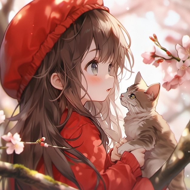 anime ragazza con gatto in ciliegio con fiori generativo ai