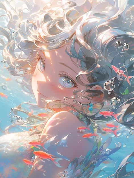 anime ragazza con i capelli lunghi e pesce in acqua generativo ai