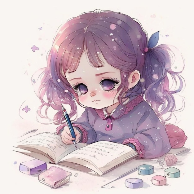 anime ragazza con i capelli lunghi e vestito viola che scrive su un libro generativo ai