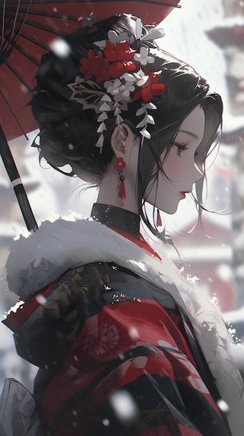 anime ragazza con l'ombrello rosso in una tempesta di neve generativa ai