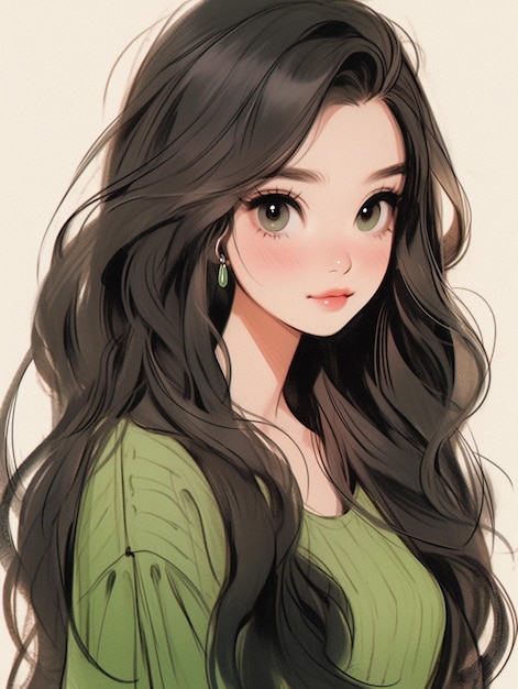 anime ragazza con lunghi capelli castani e camicia verde generative ai