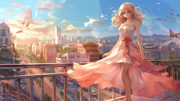 anime ragazza in un vestito rosa in piedi su un balcone con vista su una città generativa ai