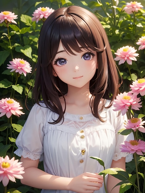 Anime ragazza kawaii e giardino fiorito della dalia