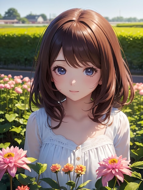 Anime ragazza kawaii e giardino fiorito della dalia