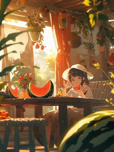 Anime ragazza seduta a un tavolo con un'anguria e un'anguria generativa ai