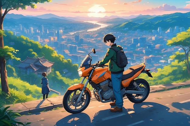 Anime ragazzo triste in piedi con una bicicletta e guardando il paesaggio urbano della natura uno sfondo per il desktop della città