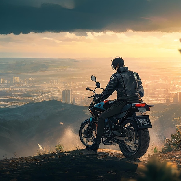 Anime ragazzo triste in piedi con una bicicletta e guardando il paesaggio urbano della natura uno sfondo per il desktop della città