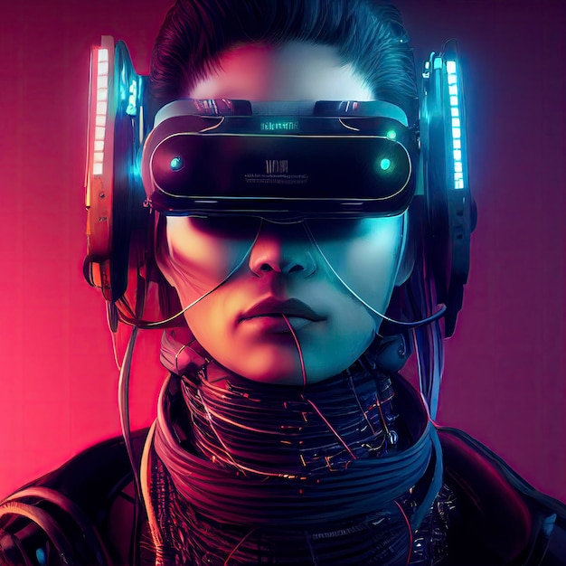 Anime ritratto cyberpunk di Man cyborg con auricolare per realtà virtuale collegato da cavi tubi sonde Genera Ai