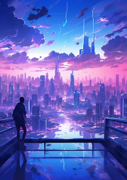 Anime skyline della città con un uomo che guarda la città generative ai