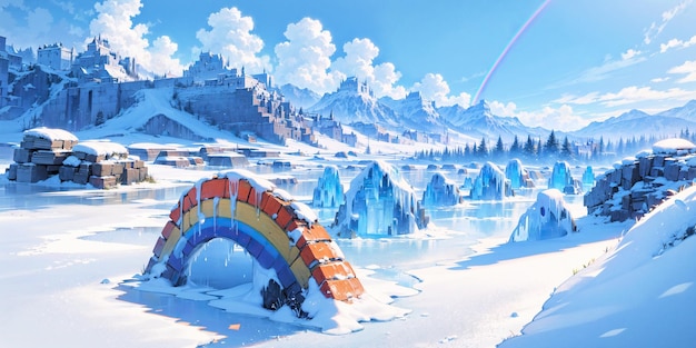 Anime stile sfondo paesaggio arcobaleno neve inverno freddo bianco cielo blu cielo castello viaggio di ghiaccio ai