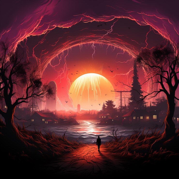 anime style painting of a man walking on a path in front of a sunset generative ai