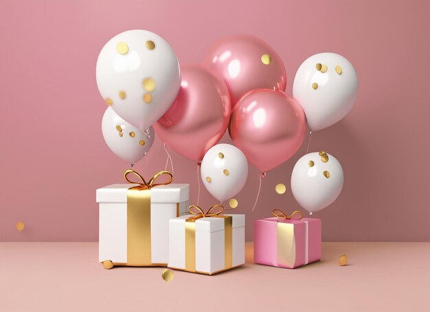 anniversario di compleanno festivo con scatola regalo sfondo bianco rosa e oro palloncini di elio