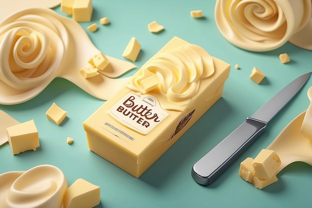 Annunci di burro cremoso riccioli di burro su coltello con disegno della confezione in illustrazione 3D sfondo bokeh naturale