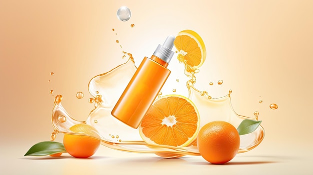 Annunci di essenza di vitamina C con arancia affettata traslucida e flacone con goccioline