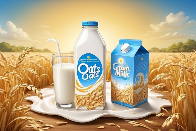 Annunci di latte d'avena con liquido vorticoso e scatola di cartone vuota su un campo di grano dorato in illustrazione 3D