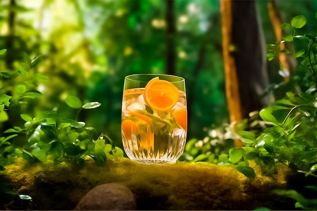 Annunci di manifesti di succo d'arancia con frutta fresca e acqua in uno sfondo di luce solare Ai generato