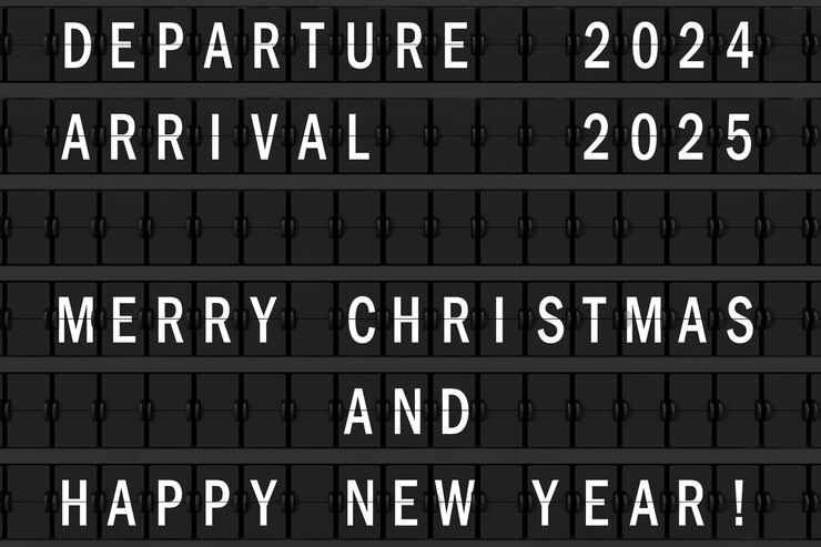 Annuncio dell'aeroporto Flip orario meccanico con Happy Merry Christmas e Happy New Year 2025 Sign Rendering 3d