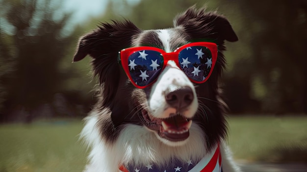 Ansimando border collie dog fuori indossando divertenti occhiali da sole patriottici 4 luglio