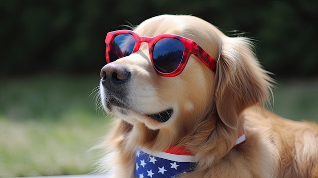 Ansimando cane Golden Retriever fuori indossando divertente Bandana patriottico 4 luglio