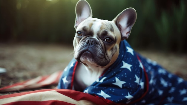 Ansimando il cane Bulldog francese all'esterno che indossa una bandiera americana con la tecnologia generativa AI