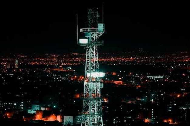 Antenna per la rete cellulare 5G in cima a una torre di comunicazione in una metropoli notturna