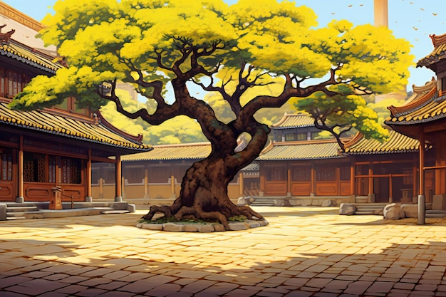 Antica architettura cinese con un grande albero in primo piano