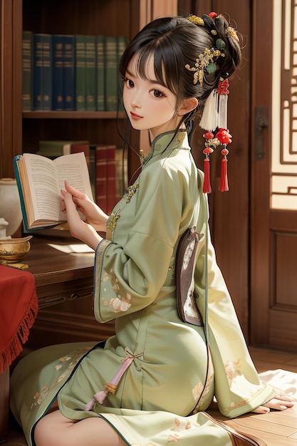 Antica bella donna in verde cinese Hanfu cheongsam che legge un libro nello studio