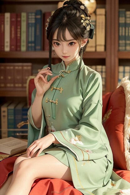 Antica bella donna in verde cinese Hanfu cheongsam che legge un libro nello studio