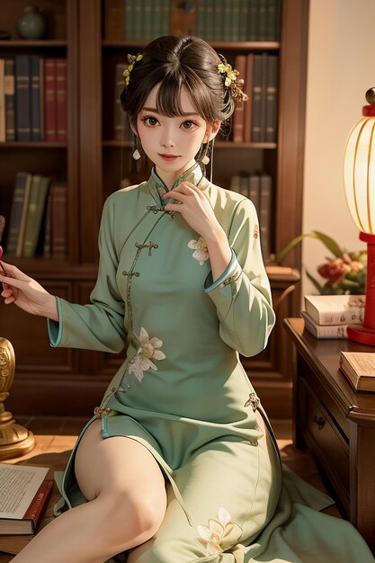 Antica bella donna in verde cinese Hanfu cheongsam che legge un libro nello studio