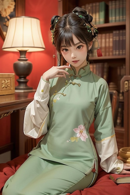 Antica bella donna in verde cinese Hanfu cheongsam che legge un libro nello studio