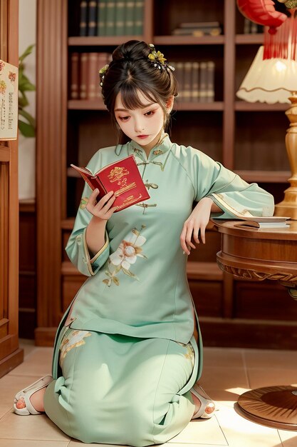 Antica bella donna in verde cinese Hanfu cheongsam che legge un libro nello studio