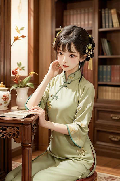 Antica bella donna in verde cinese Hanfu cheongsam che legge un libro nello studio