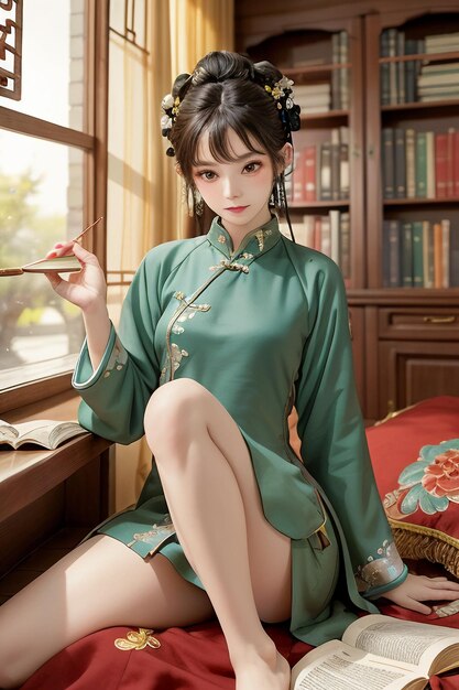 Antica bella donna in verde cinese Hanfu cheongsam che legge un libro nello studio