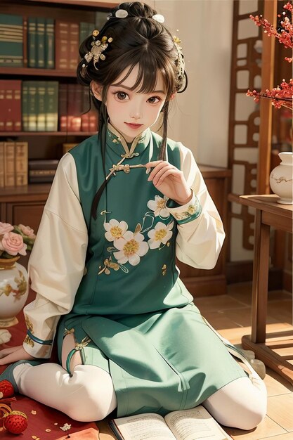 Antica bella donna in verde cinese Hanfu cheongsam che legge un libro nello studio