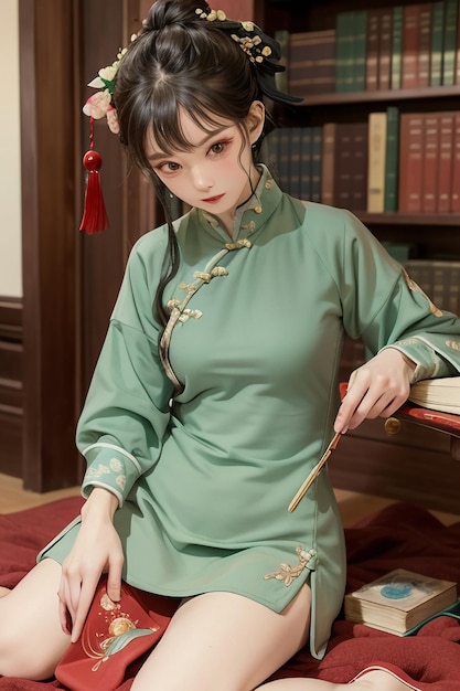 Antica bella donna in verde cinese Hanfu cheongsam che legge un libro nello studio