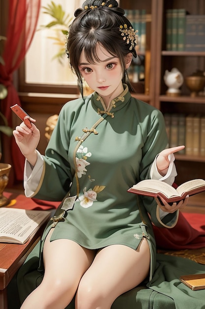 Antica bella donna in verde cinese Hanfu cheongsam che legge un libro nello studio