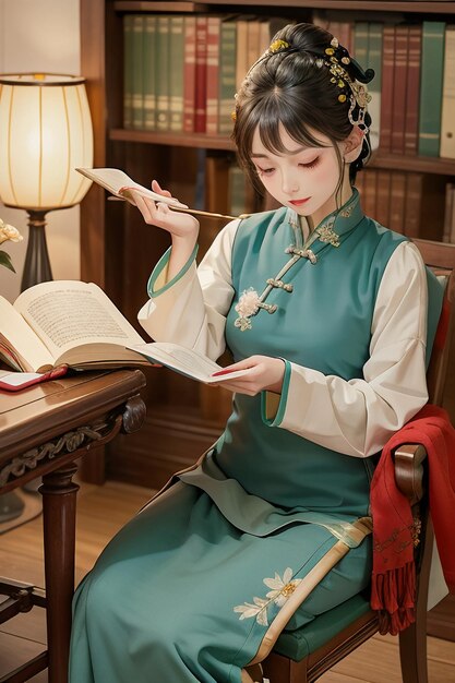 Antica bella donna in verde cinese Hanfu cheongsam che legge un libro nello studio