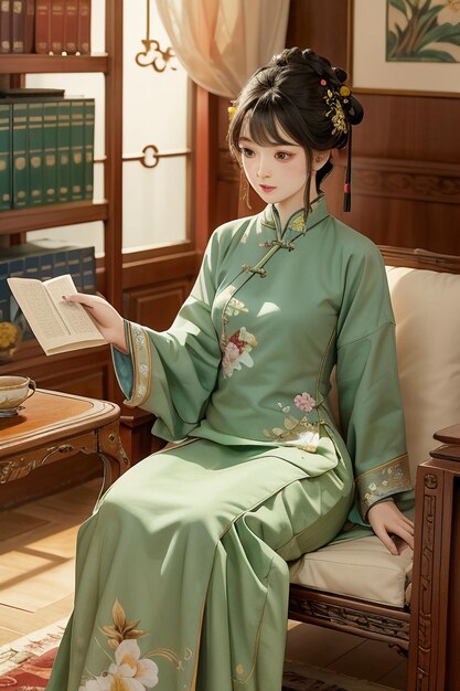 Antica bella donna in verde cinese Hanfu cheongsam che legge un libro nello studio