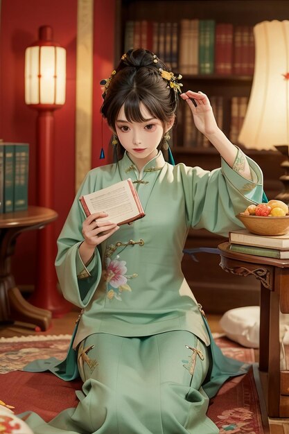 Antica bella donna in verde cinese Hanfu cheongsam che legge un libro nello studio