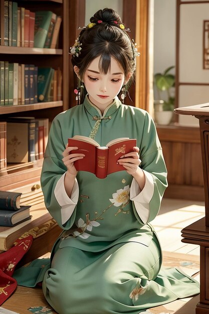 Antica bella donna in verde cinese Hanfu cheongsam che legge un libro nello studio