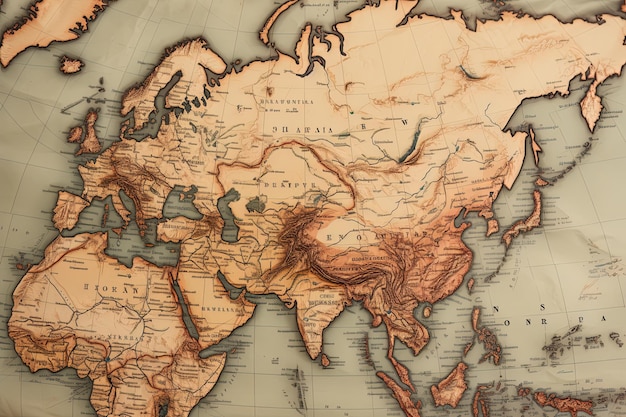 Antica bussola su vecchia mappa del mondo vintage sullo sfondo con oggetti rari di pirati antichi