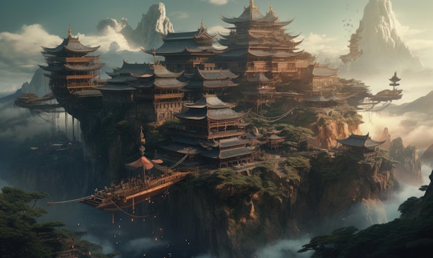 antica casa cinese e sfondo di montagne