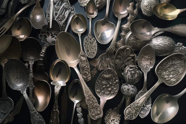 Antica collezione di cucchiai d'argento con cucchiai di varie forme e dimensioni creati con intelligenza artificiale generativa