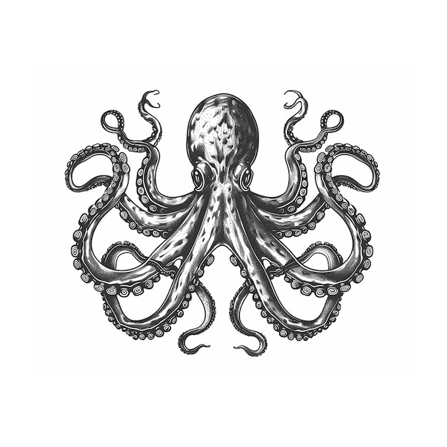 Antica incisione di calamari con linee nere disegnate a mano su una superficie bianca d'epoca
