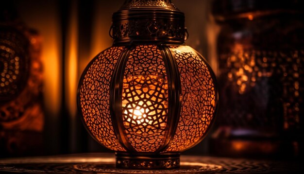 Antica lanterna illuminata di notte che simboleggia lo spirito del Ramadan generato dall'intelligenza artificiale