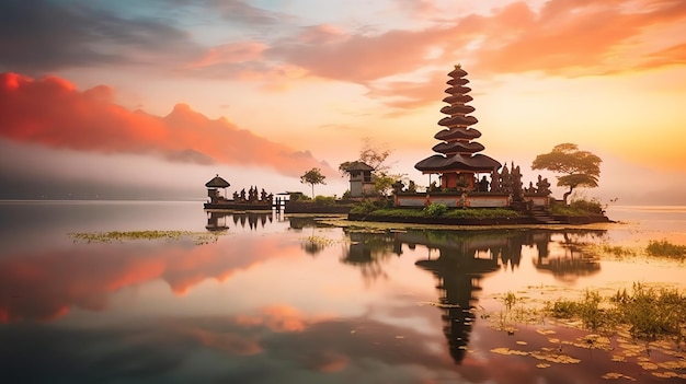 Antica pura ulun danu bratan besakih o famoso tempio indù e turista nell'isola di bali all'alba