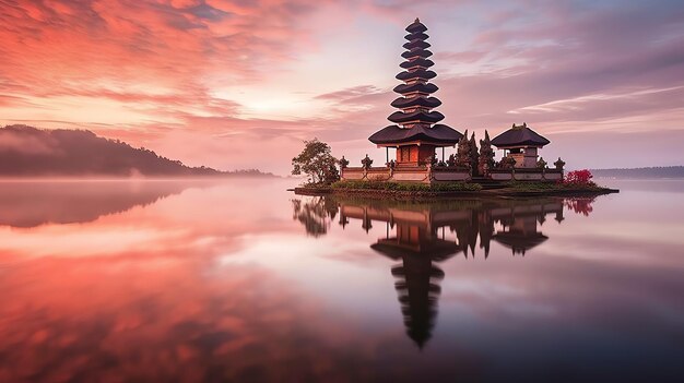 Antica pura ulun danu bratan besakih o famoso tempio indù e turista nell'isola di bali all'alba