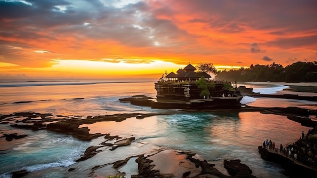 Antica pura ulun danu bratan besakih o famoso tempio indù e turista nell'isola di bali all'alba